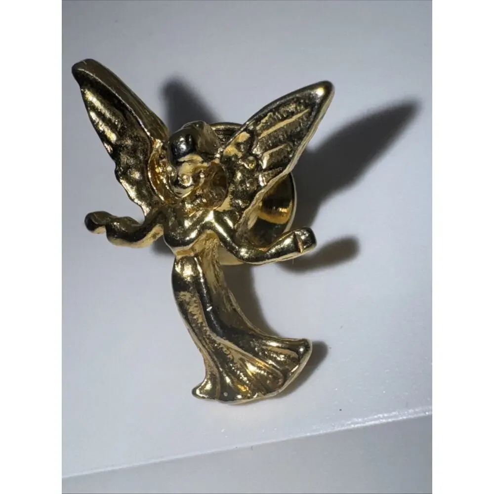 Vintage Guardian Angel Lapel Pin Gold Shirt Hat Collar Push Back Back Brooch